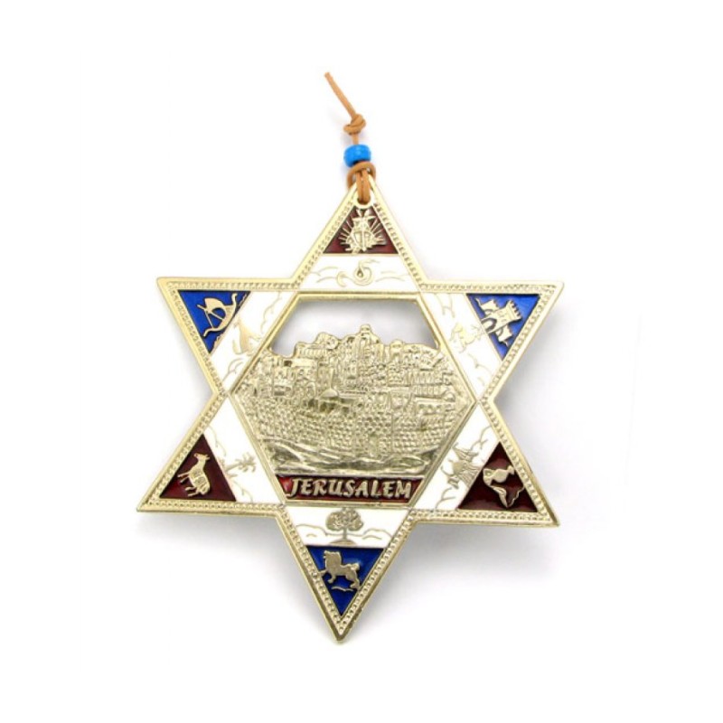 תליית קיר מגן דוד בציפוי זהב עם שנים עשר ... | מָגֵן דָוִד